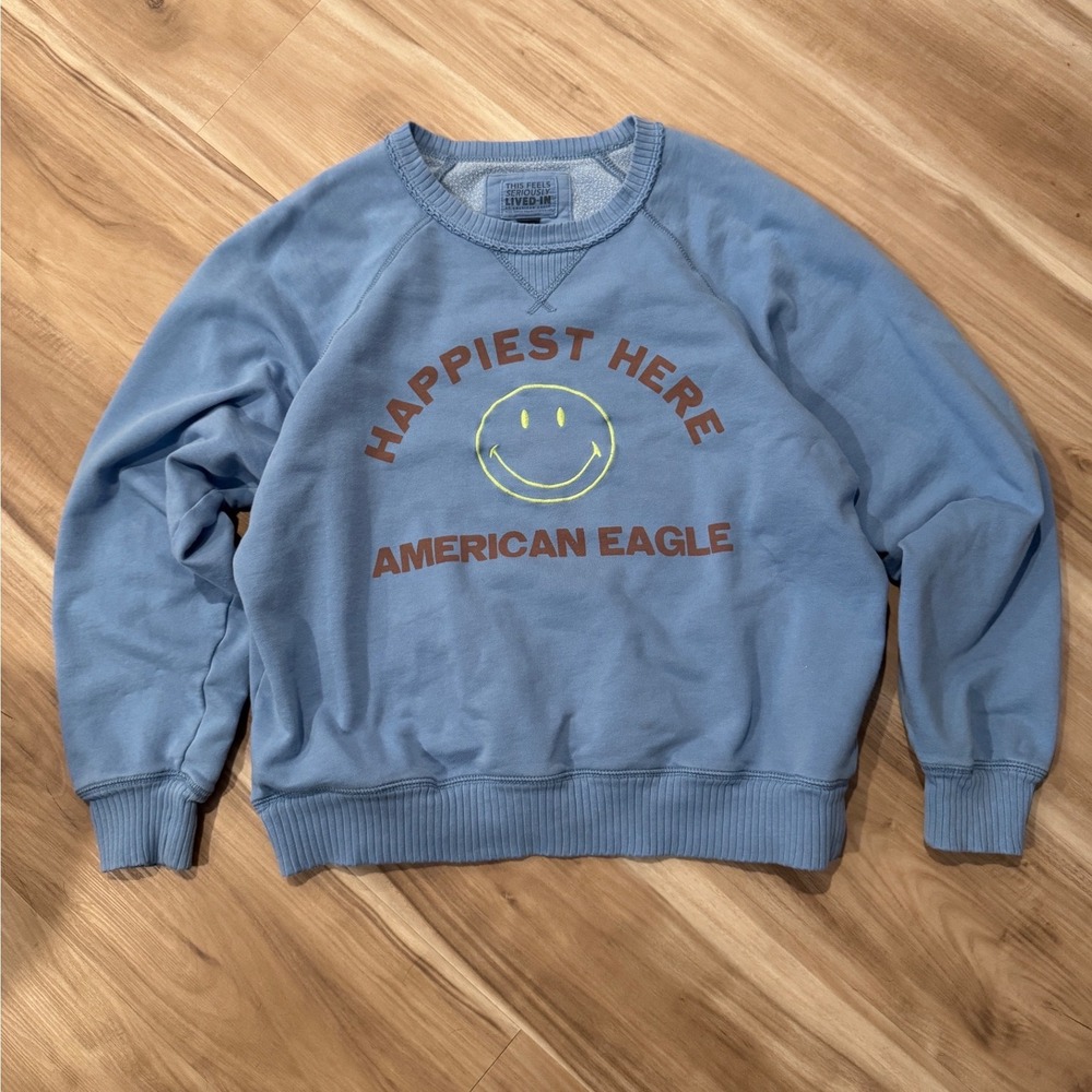 American Eagle Outfitters Blue Graphic Sweatshirt Happiest Here Smiley Face v2
